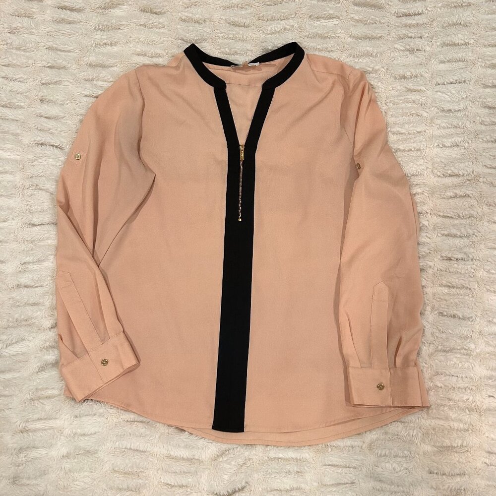 Calvin Klein Long Sleeve Blouse Women's Large 1/2 Zip Pink Black
